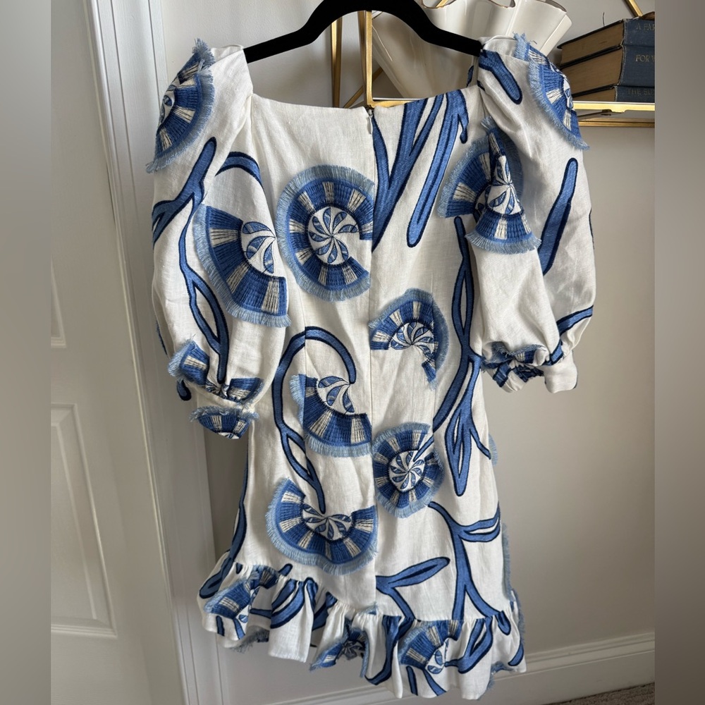 Alexis San Paolo Embroidered Blue and White Linen Toile Dress - Picture 10 of 10